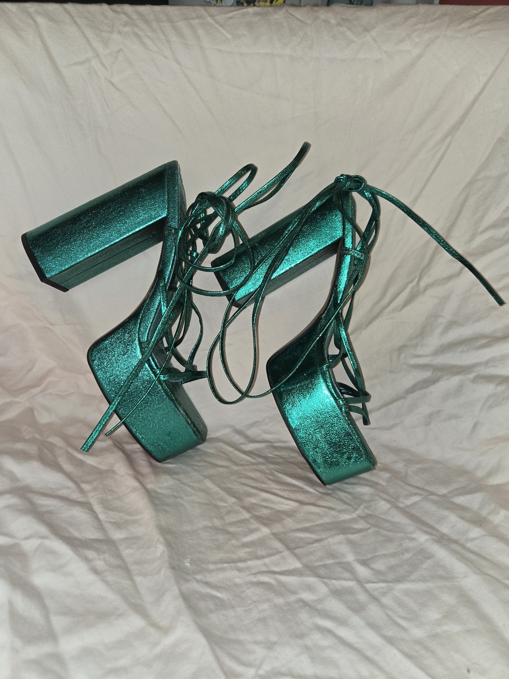 Metallic Green Lace-Up Platform Heels